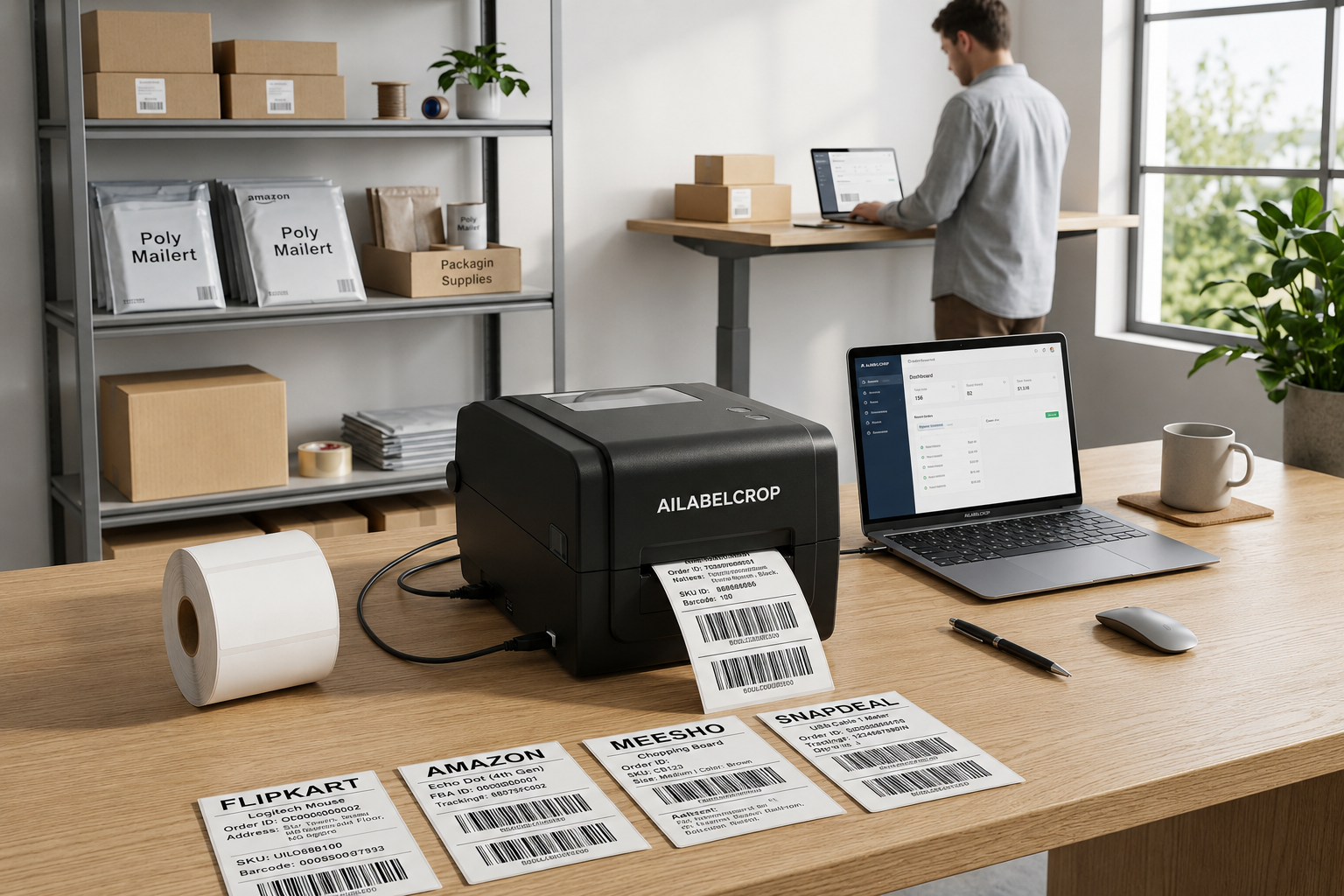 Advanced AI Label Cropper Illustration - Professional Seller Workflow AI Shipping Label Cropper - Automated Label Processing for Flipkart, Meesho, Amazon & Snapdeal